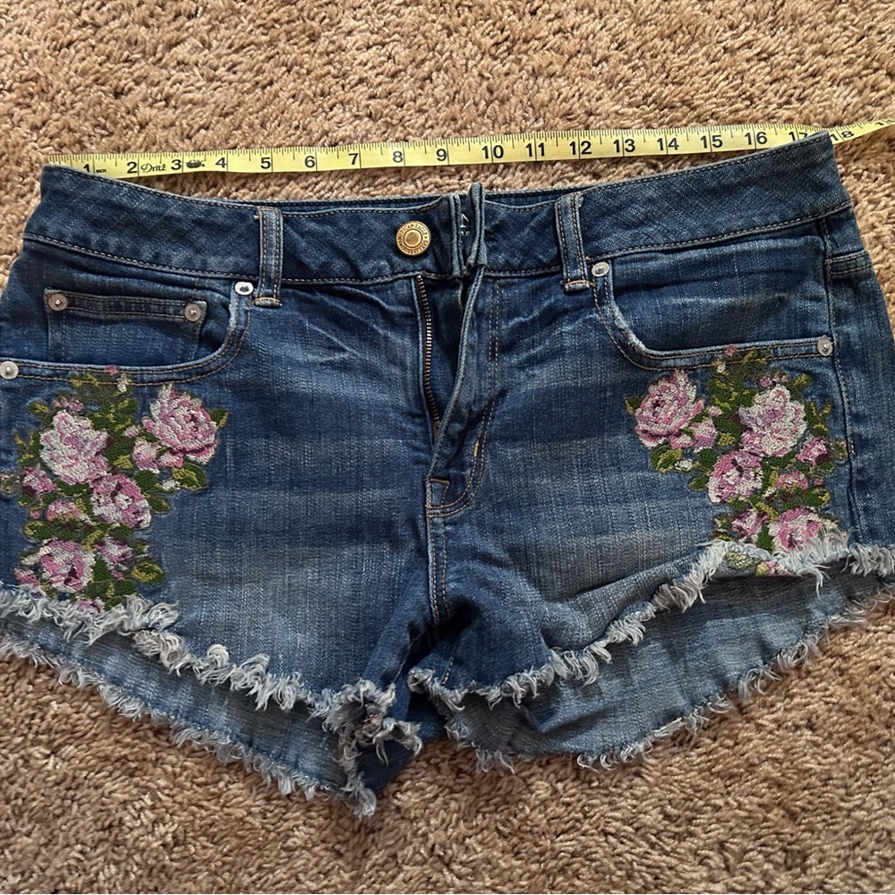 American Eagle Blue Floral Embroidered Jean Shorts